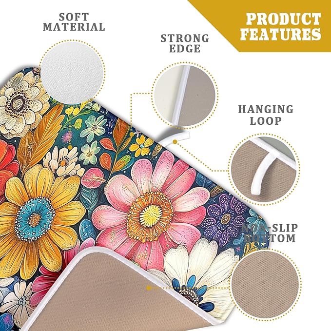 Giwawa Boho Flower Dish Drying Mat, Colorful Floral Leaf Dish Drainer Mats, Rustic Wildflower Plant Botanical Reversible Dish Drying Rack Pad Protector for Kitchen Countertop Decor, 16"x18"