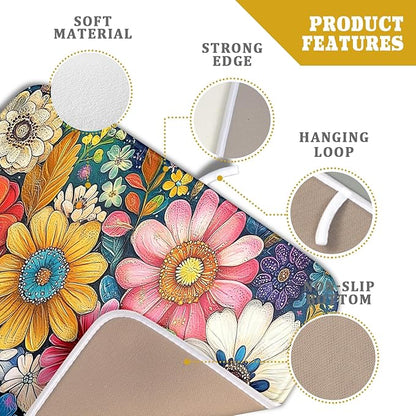 Giwawa Boho Flower Dish Drying Mat, Colorful Floral Leaf Dish Drainer Mats, Rustic Wildflower Plant Botanical Reversible Dish Drying Rack Pad Protector for Kitchen Countertop Decor, 16"x18"