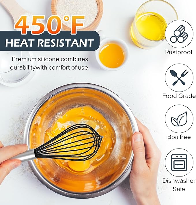 Silicone Whisk, Stainless Steel Wire Whisk Set - 3 PCS Rubber Whisks for Cooking, Non-stick Cookware, Kitchen, Balloon Egg Beater Perfect for Blending, Whisking, Black - Image 4