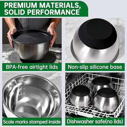 Deedro Premium Mixing Bowls with Airtight Lids Set, 22Pcs Thicker Stainless Steel Mixing Bowl Set, Large Prep Metal Bowls, Non-Slip Silicone Base Nesting Bowls for Kitchen, 1.5/2/3/4/5 QT, Black - Image 8