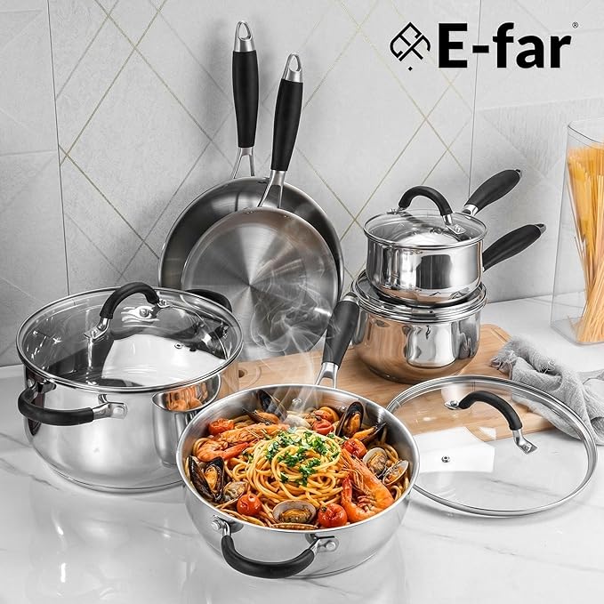 E-far 10-Piece Stainless Steel Cookware Set - Induction Tri-Ply Base Pots and Pans, Non-Toxic Kitchen Cooking Set w/Stay-Cool Handle, Frying Pans, Saucepans, Stockpot with lid, Oven & Dishwasher Safe