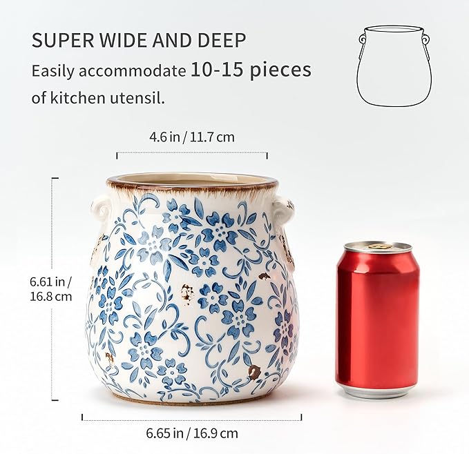 Utensil Holder for Kitchen Counter, Modern Farmhouse Rustic Cooking Utensil Holder and Crock, Exquisite Chinoiserie Floral Ceramic Utensil Organizer for Home Kitchen Decor- Blue and White Porcelain - Image 2
