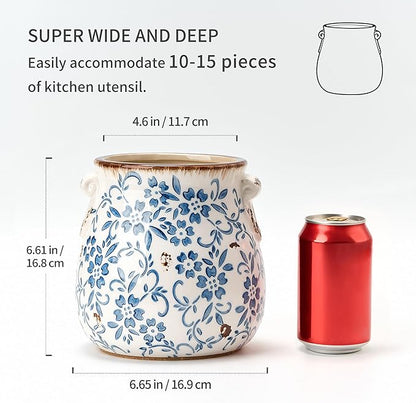 Utensil Holder for Kitchen Counter, Modern Farmhouse Rustic Cooking Utensil Holder and Crock, Exquisite Chinoiserie Floral Ceramic Utensil Organizer for Home Kitchen Decor- Blue and White Porcelain - Image 2