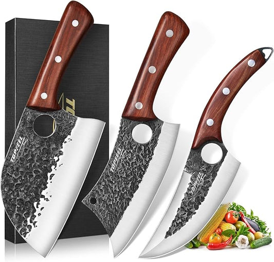 Topfeel 3PCS Butcher Knife Set, Hand Forged Serbian Chef Knives & Meat Cleaver & Viking Knives, Meat Cutting Kitchen Knife Set for Home, Outdoor Cooking, Camping BBQ Gift Idea Men by Topfeel
