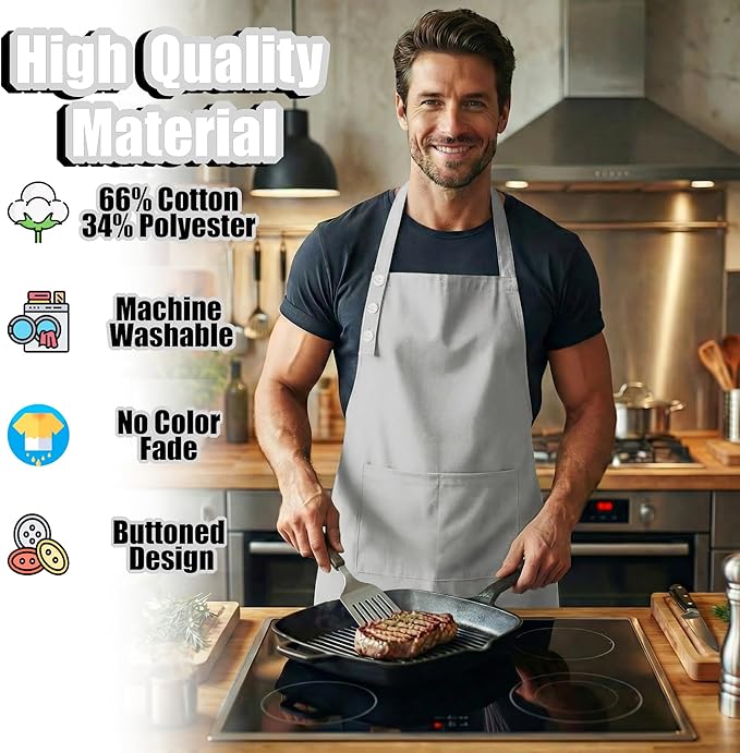 TOSHE Kitchen Apron Waterdrop Resistant Cotton Apron with adjustable Aprons for Women with Pockets 10 Color option Cooking Silver Apron (Silver) - Image 3