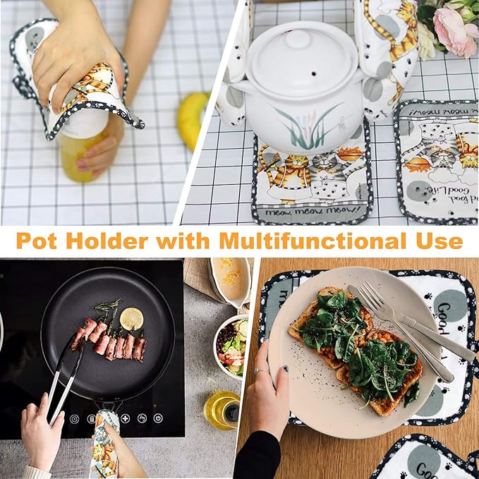 Oven Mitts and Pot Holders Sets, Funny Kitchen Oven Mitts Heat Resistant of 500 Degrees, Pure Cotton Hot Pads and Oven Mitts Sets for Baking,Cooking,BBQ Grilling-White Cat(4Pcs Set)
