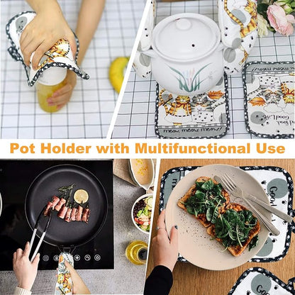 Oven Mitts and Pot Holders Sets, Funny Kitchen Oven Mitts Heat Resistant of 500 Degrees, Pure Cotton Hot Pads and Oven Mitts Sets for Baking,Cooking,BBQ Grilling-White Cat(4Pcs Set)