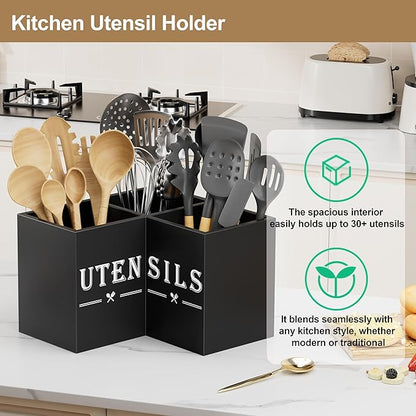 ZUJJAFY Utensil Holder for Kitchen Counter, Corner Kitchen Utensil Holder for Countertop with 3 Compartments, Wooden Cooking Utensil Organizer for Spatula Storage, Black