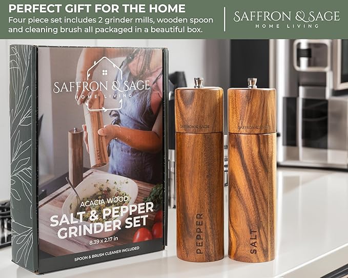 Saffron & Sage Premium Acacia Wood Salt and Pepper Grinder Set of 2-8” Tall Salt and Peppercorn Mill with Adjustable Coarse Settings, Rust Resistant, Smooth and Quality Grinding Mechanism