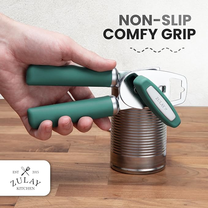 Zulay Kitchen Heavy Duty Stainless Steel Can Opener Manual with Bottle Opener - Rust Proof Manual Can Opener With Turn Knob & Comfy Soft Grip Handles - Pine Green - Image 5