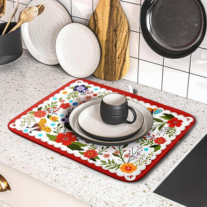 Flowers Printed Dish Drying Mat Floral Coffee Mat for Kitchen Counter Small - Image 5