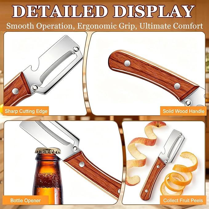 2 Pack 2 in 1 Multifunctional Vegetable Peeler, Sharp Stainless Steel Blade, Wooden Handle & Bottle Opener, Non-Slip Ergonomic Tool for Potato, Apple, Carrot, Pumpkin, Pineapple, Papaya, Zucchini - Image 7