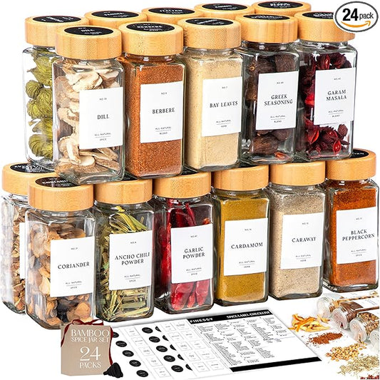 FINESSY Bamboo Glass Spice Jars with Labels and Shaker Lids Clear Empty 4oz 24 Pack Bottles Set, Glass Spice Containers with Labels, Seasoning Organizer Jars by Finessy
