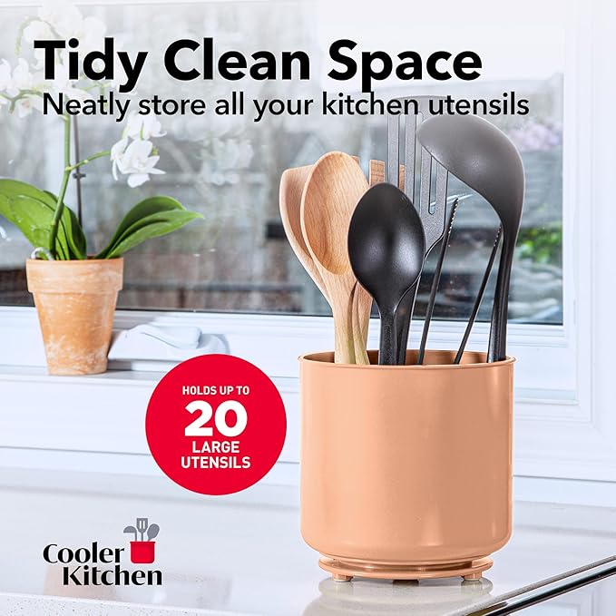 Cooler Kitchen Jumbo Rotating XL Peach Plastic Utensil Holder Caddy with Sturdy No-Tip Weighted Base, Removable Divider, and Gripped Insert - Dishwasher Safe Kitchen Utensil Holder for Countertop - Image 6