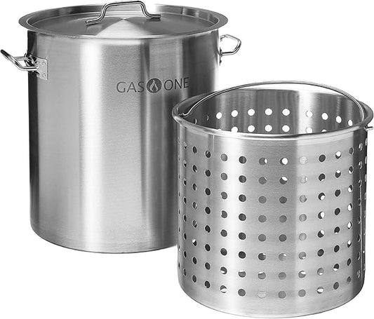 GasOne Stainless Steel Stockpot with Basket – 53qt Stock Pot with Lid and Reinforced Bottom – Heavy-Duty Cooking Pot for Deep Frying, Turkey Frying, Beer Brewing, Soup, Seafood Boil – Satin Finish by GasOne