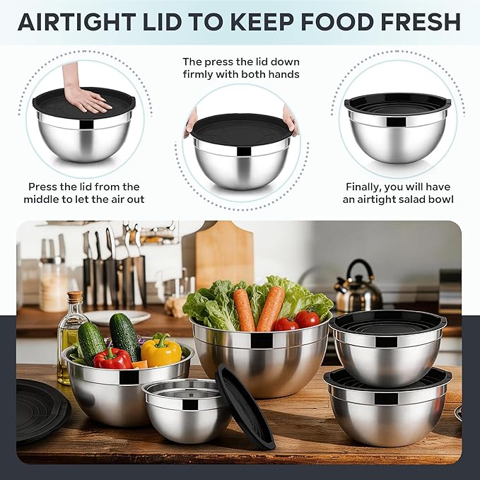 E-far Mixing Bowls With Lids Sets of 5, 10-Piece Stainless Steel Salad Metal Nesting Bowl for Baking Cooking and Prepping, Airtight Lid & Stackable Design, Size 4.6, 3, 2.1, 1.5, 0.7 QT, Black - Image 6