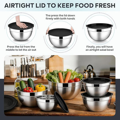 E-far Mixing Bowls With Lids Sets of 5, 10-Piece Stainless Steel Salad Metal Nesting Bowl for Baking Cooking and Prepping, Airtight Lid & Stackable Design, Size 4.6, 3, 2.1, 1.5, 0.7 QT, Black - Image 6