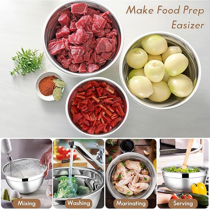 E-far Stainless Steel Mixing Bowls with Lids, 5-Pack Metal Nesting Bowls with Airtight Covers for Cooking, Baking, Serving, Storage, Non-toxic & Dishwasher Safe, Size 4.6/3/1.5/1/0.7QT - Khaki - Image 5