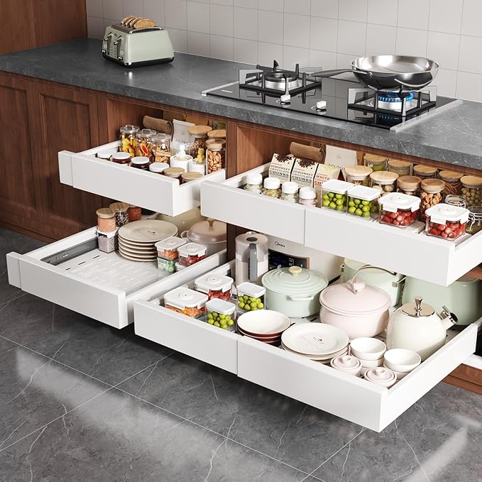 Seinloes 2 Pack Pull Out Cabinet Organizer Expandable Width(15"-25") and Depth(17"-24"),Slide Out Drawers With Raising Pad for Framed Cabinets,No Drill Roll Out Shelves for kitchen,Bathroom,White - Image 7