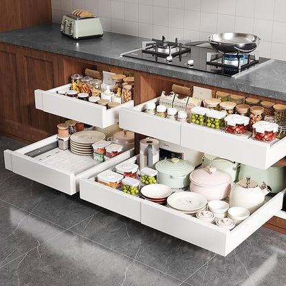 Seinloes 2 Pack Pull Out Cabinet Organizer Expandable Width(15"-25") and Depth(17"-24"),Slide Out Drawers With Raising Pad for Framed Cabinets,No Drill Roll Out Shelves for kitchen,Bathroom,White - Image 7