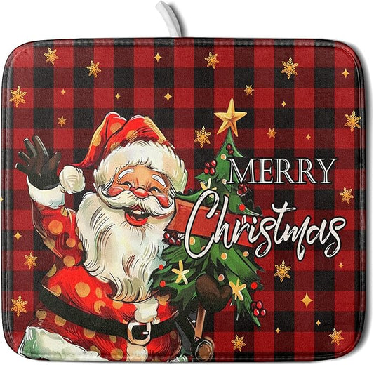 Merry Christmas Santa Claus Red Buffalo Plaid Dish Drying Mat for Kitchen Counter,Winter Snowflake Xmas Tree Drying Mat 16 x 18 Inch with Absorbent Reversible Microfiber Dish Drying Pad for Coffee Bar by Anyako