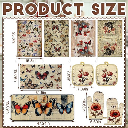 Fourluoo 10 Pcs Butterfly Kitchen Dish Towels Rugs Oven Mitts and Pot Holders Set Farmhouse Kitchen Decor Set for Women Mom Daughter Gift Cooking Baking Grilling(Classic Colors)
