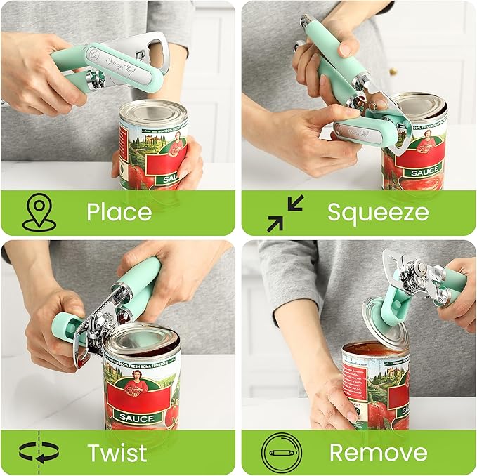 Spring Chef Stainless Steel Can Opener - Manual with Soft Grip Handles, Easy Turn, Heavy Duty Hand Can Opener for Seniors with Smooth Edge - Built-in Magnetic Lid Remover - Mint - Image 8