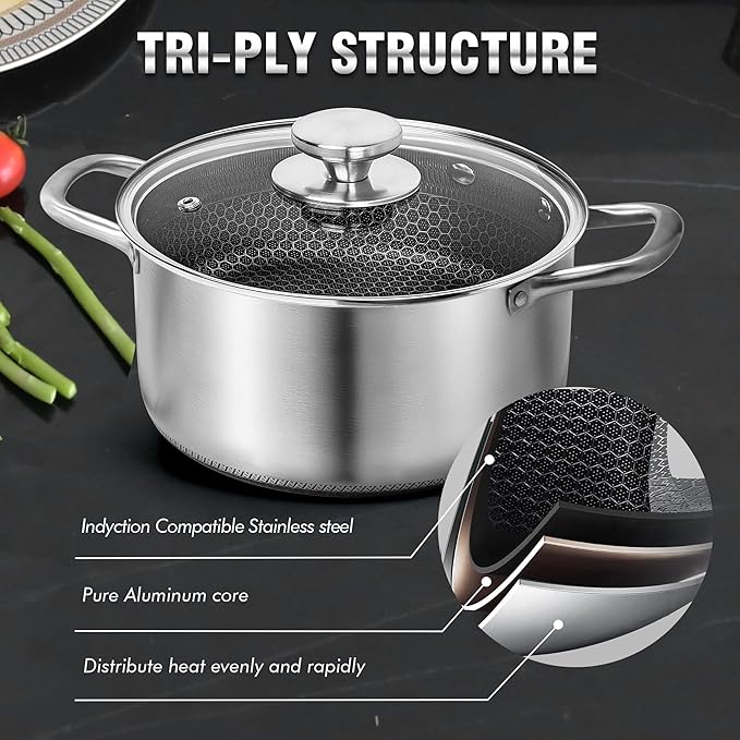 AuFranc™ Hybrid Nonstick 6 Quart Stainless Steel Stockpot with Glass Lid, Induction Stock Pot with Honeycomb Carving, Non-stick Soup Pot Compatible with All Cooktops, Non-Toxic, Dishwasher & Oven Safe - Image 7