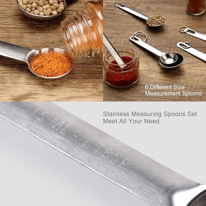 Upgrade Stainless Steel Measuring Spoons Set, Small Tablespoon, Teaspoons, Set 6 with Bonus Leveler, Etched Markings and Removable Clasp for Dry and Liquid, Fits in Spice Jars - Image 6