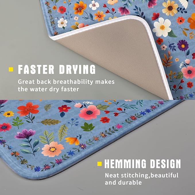 Lovely Flowers Dish Drying Mat - Blue Floral Kitchen Counter Microfiber Drying Pad 16 X 18 for Home Decor - Image 3