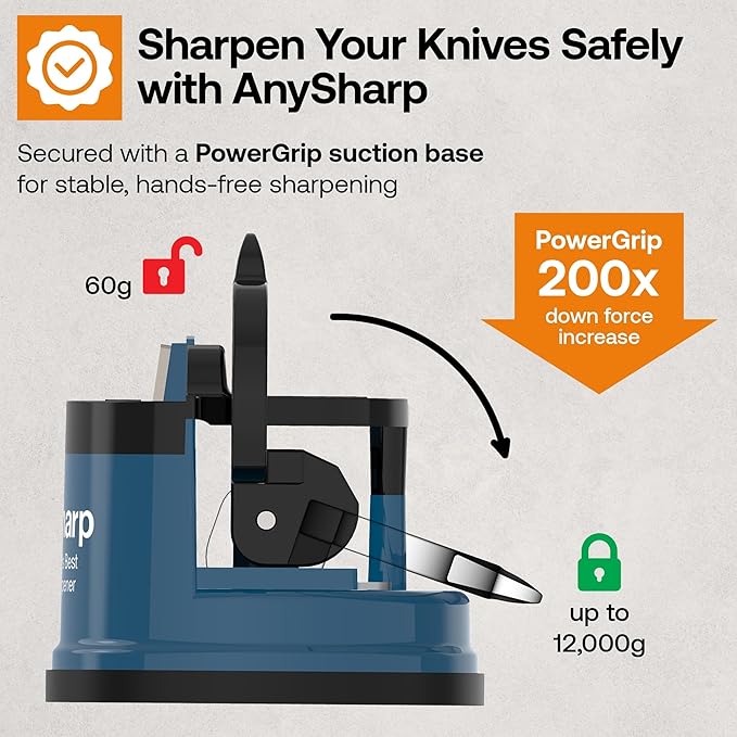 AnySharp – Global – Hands Free Knife Sharpener - Easy to Use Sharpening Tool with PowerGrip Suction Base and 20-Degree Pre-Set Angle - for All Knives: Chef's, Serrated, and Hardened Steel - Blue - Image 4
