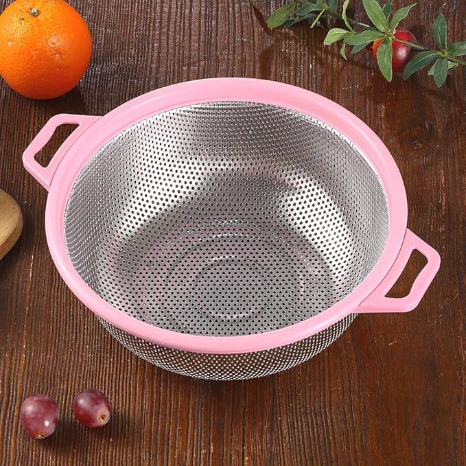 HiramWare Stainless Steel Colander With Handle and Legs, Large Metal Pink Strainer for Pasta, Spaghetti, Berry, Veggies, Fruits, Noodles, Salads, 5-quart 10.5” Kitchen Mesh Colander, Dishwasher Safe - Image 7