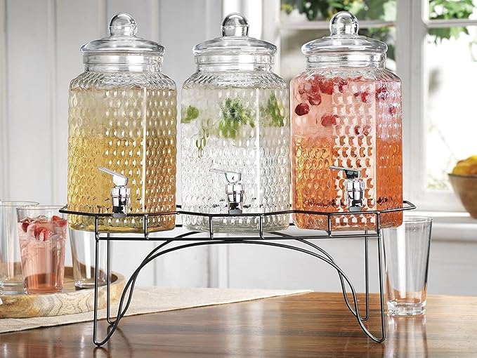 MosJos Drink Dispenser Set of 3 - Beverage Dispenser with Stand - Glass Drink Dispensers for Lemonade, Juice, Water, Iced Tea, Punch - 1-Gallon Countertop Party Drink Dispensers by MosJos