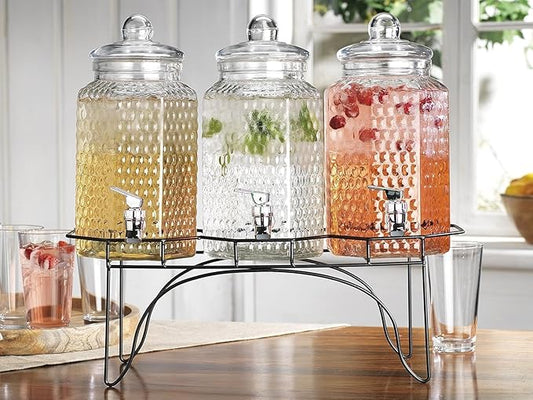 MosJos Drink Dispenser Set of 3 - Beverage Dispenser with Stand - Glass Drink Dispensers for Lemonade, Juice, Water, Iced Tea, Punch - 1-Gallon Countertop Party Drink Dispensers by MosJos