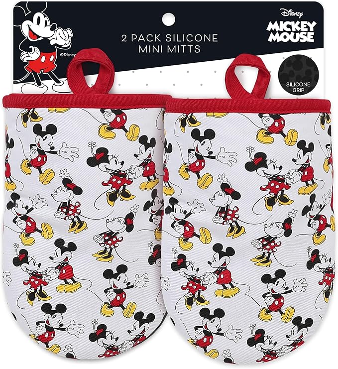 Disney Oven Mitts 2-Pack - 5.5” x 7.5” Heat-Resistant Mini Oven Mitts with Non-Slip Printed Silicone Disney Silhouettes - Pot Holders for Kitchen - Mickey & Minnie, Stitch, Winnie the Pooh