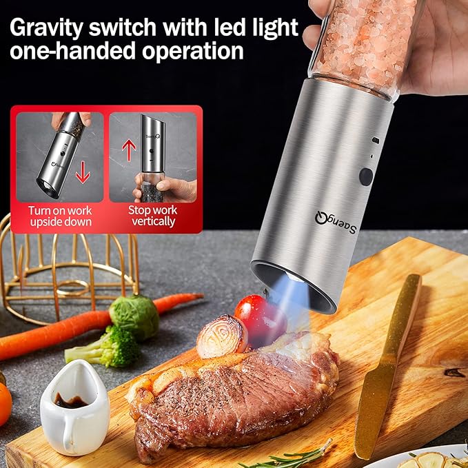 Gravity Electric Salt and Pepper Grinders refillable 1 Pack,USB Rechargeable Kitchen Electric Pepper Grinder with Light - Gravity Switch, Coarseness Adjustable Tall Glass Salt and Pepper Grinder - Image 4