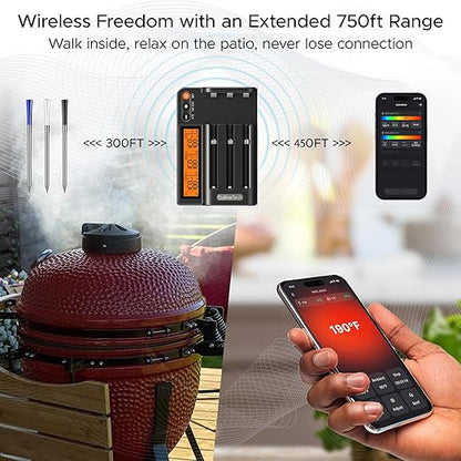 750ft Wireless Meat Thermometer Long Range for Smoker, BBQ & Rotisserie, 3 Probes Smart Bluetooth Thermometer Dual Sensor Waterproof Probe with LCD Base Station Display & App Control - Image 2