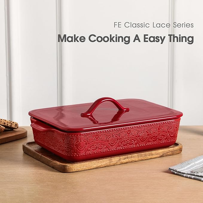 Casserole Dish with Lid, Ceramic 9x13 Casserole Dish for Oven, Rectangular Bakeware, Large Baking Dish with Handles for Holiday Cooking, Roasting, Baking, Oven & Microwave Safe (Red) - Image 3