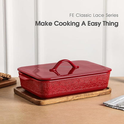 Casserole Dish with Lid, Ceramic 9x13 Casserole Dish for Oven, Rectangular Bakeware, Large Baking Dish with Handles for Holiday Cooking, Roasting, Baking, Oven & Microwave Safe (Red) - Image 3