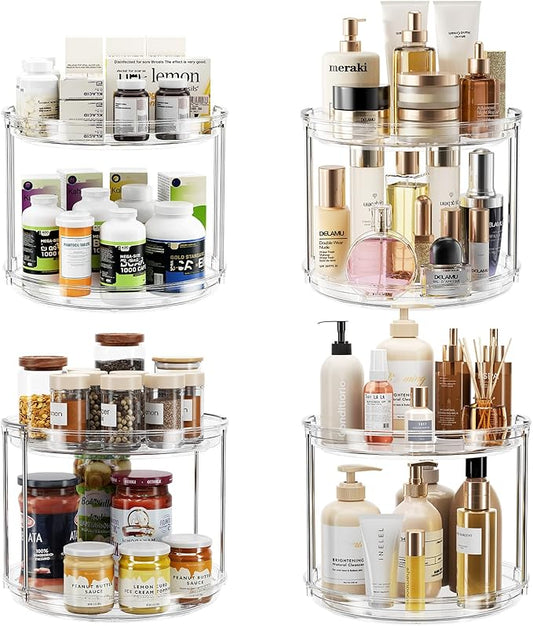 LAMU 4 Pack 2 Tier Lazy Susan Turntable Organizer 9.25'' Rotating Spice Rack Organization for Cabinet, Kitchen, Pantry, Countertop, Bathroom, Vanity, Medicine Cabinet Organizer, Clear by YourHome-OrganizationHelper