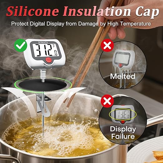 BOMATA Digital Candy Thermometer with Pot Clip, Deep Fry Oil Thermometer with Rotatable Display & Long Probe, for Candy Candle Making, Cooking, Food, Liquids, Water, Sugar.. White