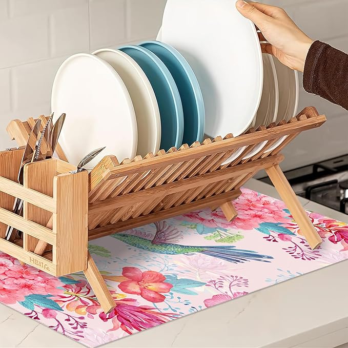 Humming Bird Dish Drying Mats 18x24 Inch,Tropical Flowers Dish Pad Drying Rack Mat for Kitchen Counter Ultra Absorbent Microfiber Dishware Coffee Maker Bar Countertop Decor