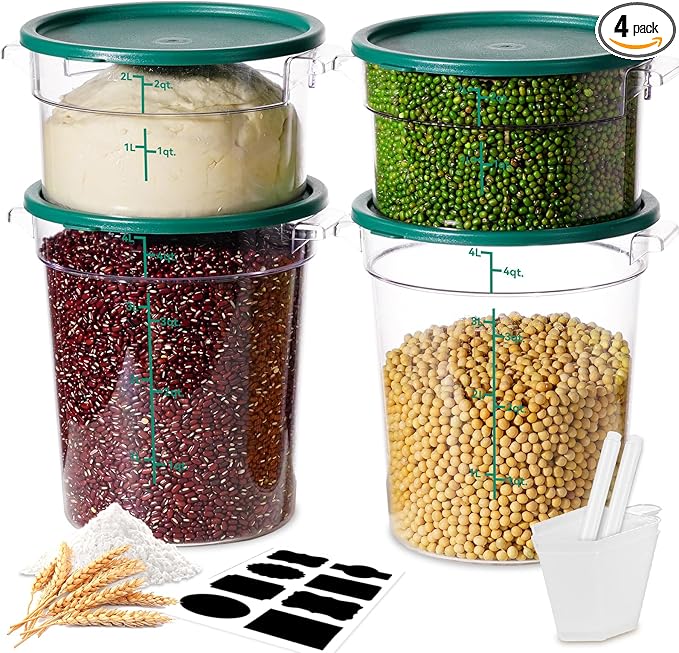 2QT&4QT NSF Round Food Storage Containers with Lids: 4 PCS [Total Food Grade][Hot&Cold Resistant] Dough Proofing Container for Pizza, Bread with Measuring Spoons Included(BPA FREE) (GREEN) by SVKLHY