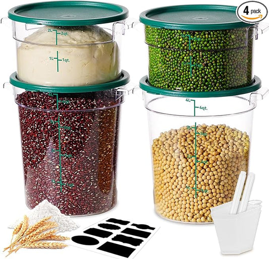 2QT&4QT NSF Round Food Storage Containers with Lids: 4 PCS [Total Food Grade][Hot&Cold Resistant] Dough Proofing Container for Pizza, Bread with Measuring Spoons Included(BPA FREE) (GREEN) by SVKLHY