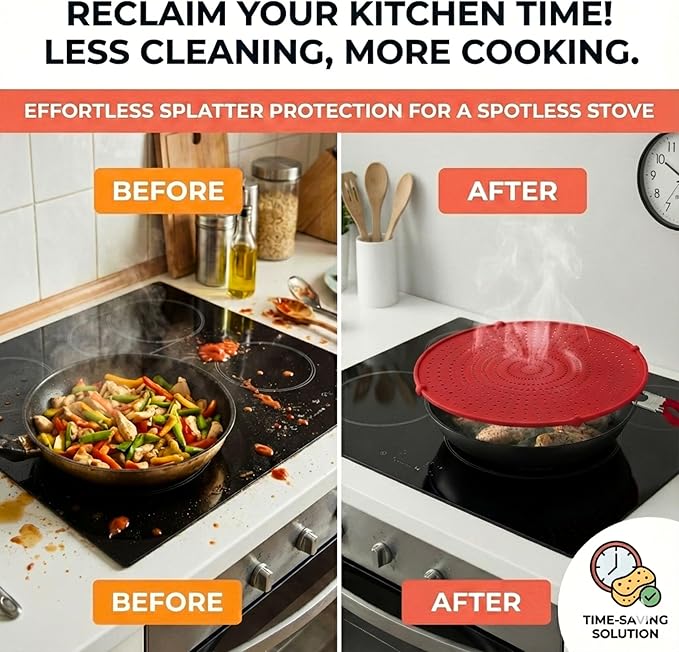 Silicone Splatter Screen for Frying Pan, 13” Red – Grease & Oil Splatter Guard, Heat Resistant, Dishwasher Safe, Foldable Handle with Sleeves – Splash Guard Fits 10–12” Pans, Most 13” Skillets - Image 2