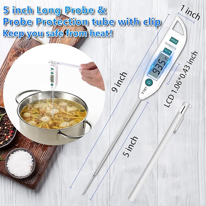 BOMATA Waterproof IPX7 Thermometer for Water, Liquid, Candle and Cooking. Instant Read Food Thermometer with Long Probe for Cooking, Meat, BBQ! T101 White - Image 4