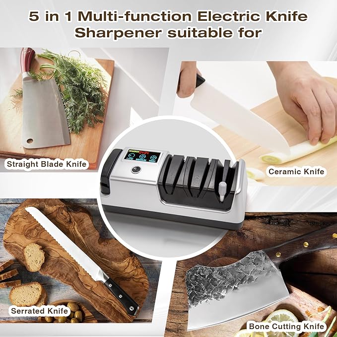 Silver Professional 3-Stage Electric Knife Sharpener for Kitchen Knives, LCD Screen, 100% Diamond Abrasive, Adjustable Rotational Speed, Precision Angle Guides for All Kitchen Knives - Image 7