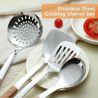 9pcs Cooking Utensils Set 304 Stainless Steel Kitchen Utensils with Wooden Hanlde Metal Kitchen Utensils Soup Ladle Set Dishwasher Safe Kitchen Essentials Set Kitchen Tool Set, Dishwasher Safe - Image 3
