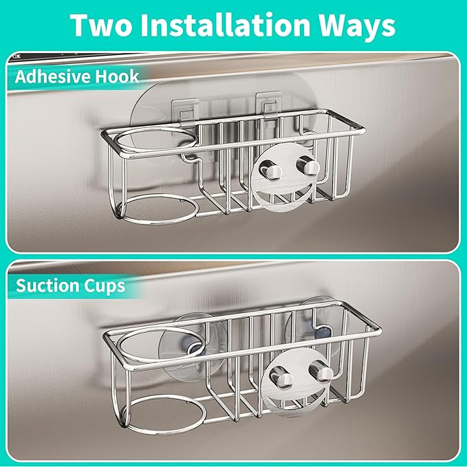 HapiRm Sink Caddy Sponge Holder - No Drill Kitchen Sink Organzier with Smiley Face Sponge Holder, Rustproof and Waterproof Kitchen Organizer - Silver - Image 2
