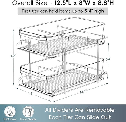 2 Tier Clear Organizer with Dividers for Cabinet, Shlef, Counter - MultiUse Slide-Out Storage Container - Kitchen, Pantry, Medicine Cupboard Bins, Bathroom, Vanity Makeup, Under Sink Organizing - Image 2